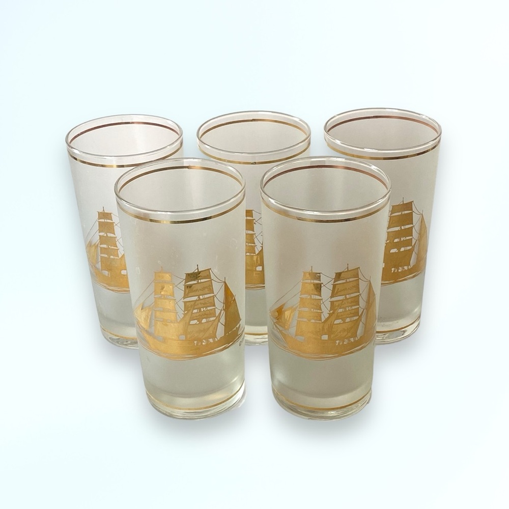 Culver Vintage 22k Gold Schooner Ship Frosted HighBall Glassware Bar SET OF 5